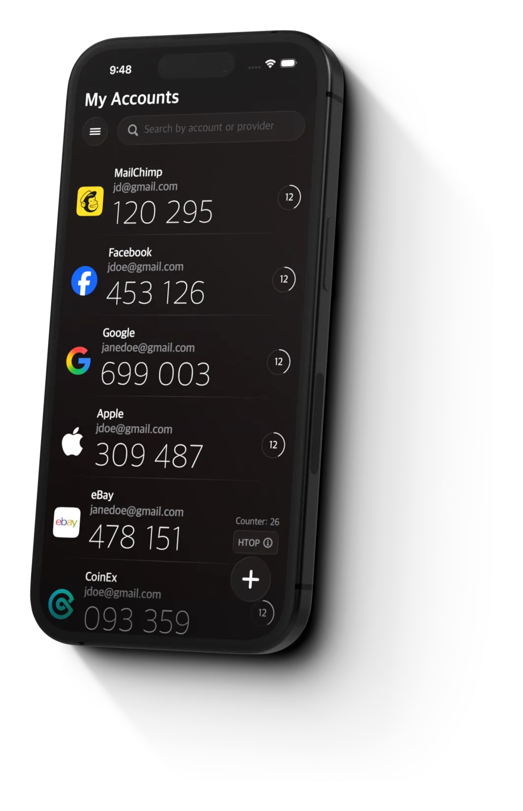 2FA Studio dashboard on iPhone showing encrypted authentication codes