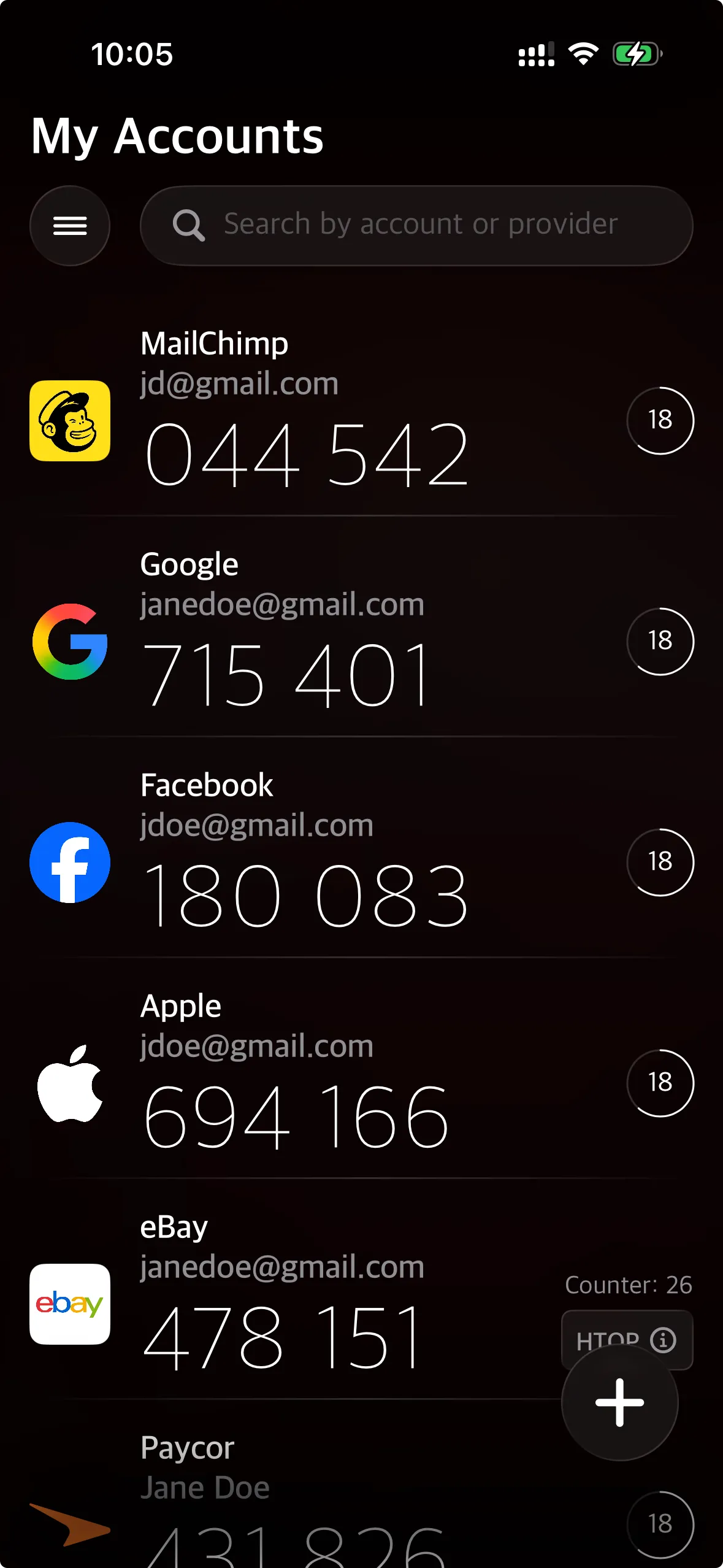 The 2FA Studio dashboard showing a list of accounts with their 6-digit codes