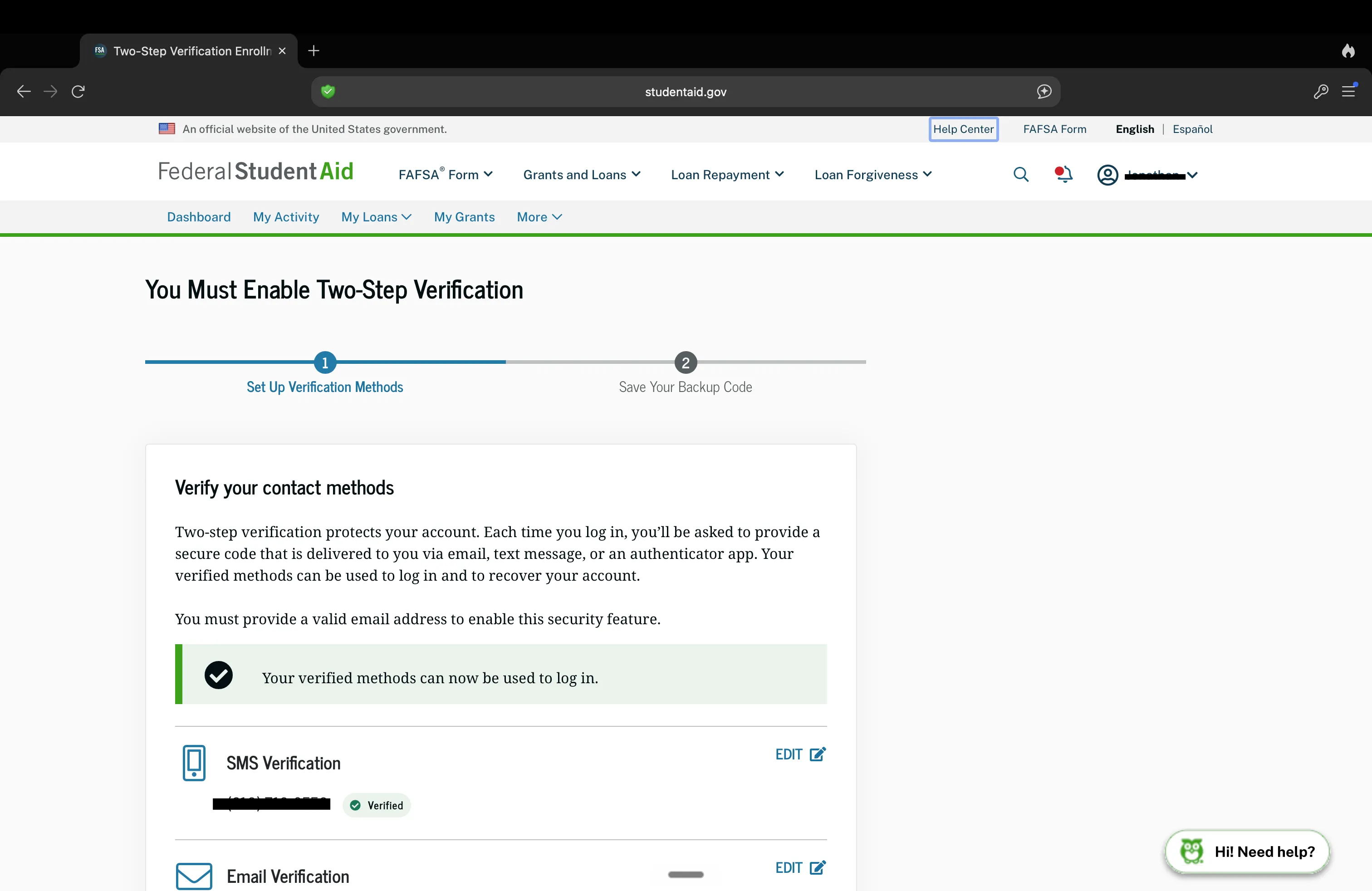 FAFSA (studentaid.gov) enrollment page — first screen of the two-step verification wizard