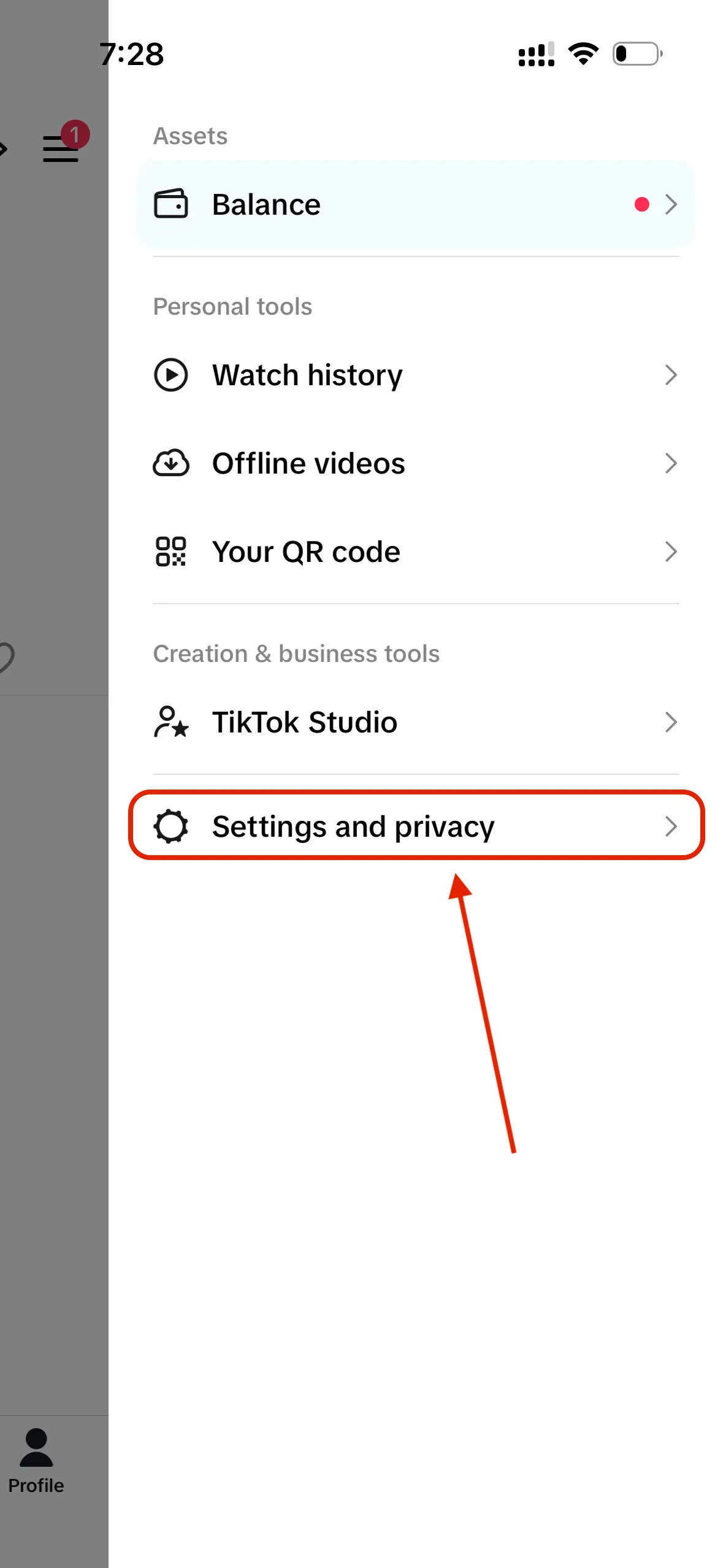 TikTok side menu drawer showing Settings and privacy at the bottom