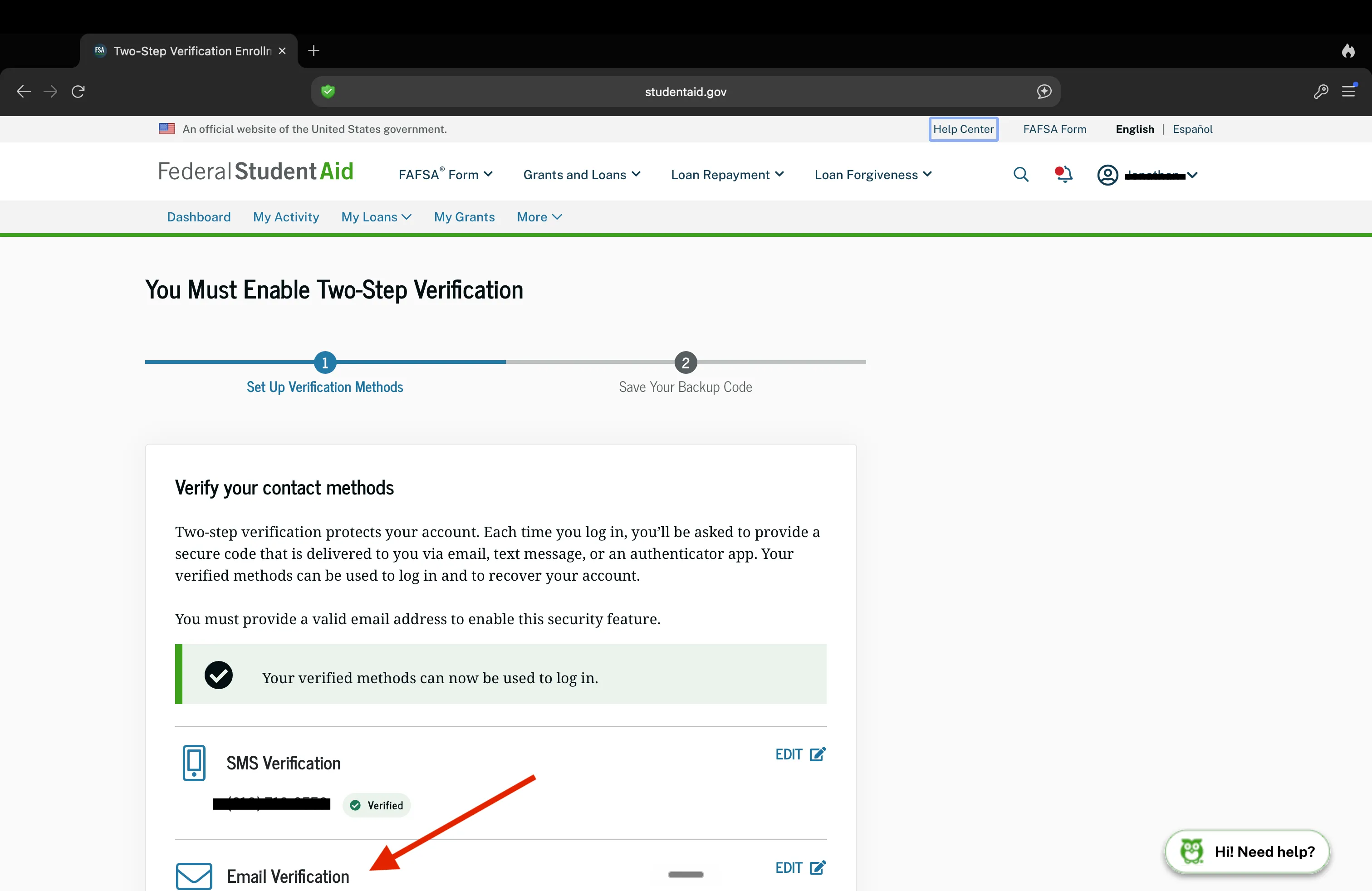 Top of the enrollment page with a red arrow pointing to the Email Verification row beneath SMS Verification