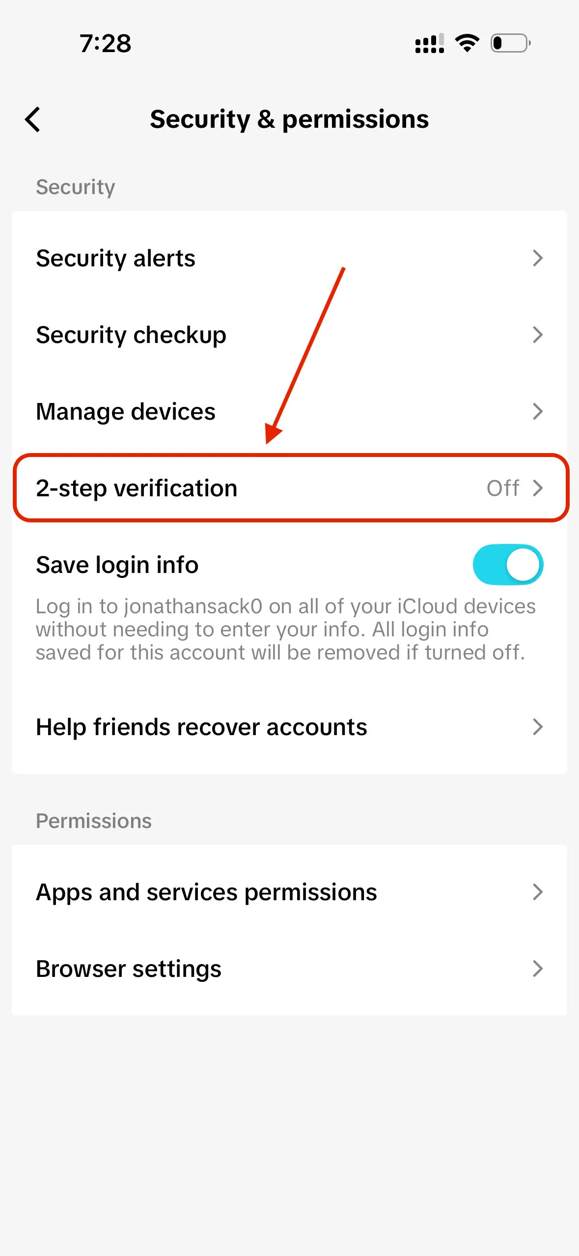 TikTok Security & permissions screen with 2-step verification showing Off
