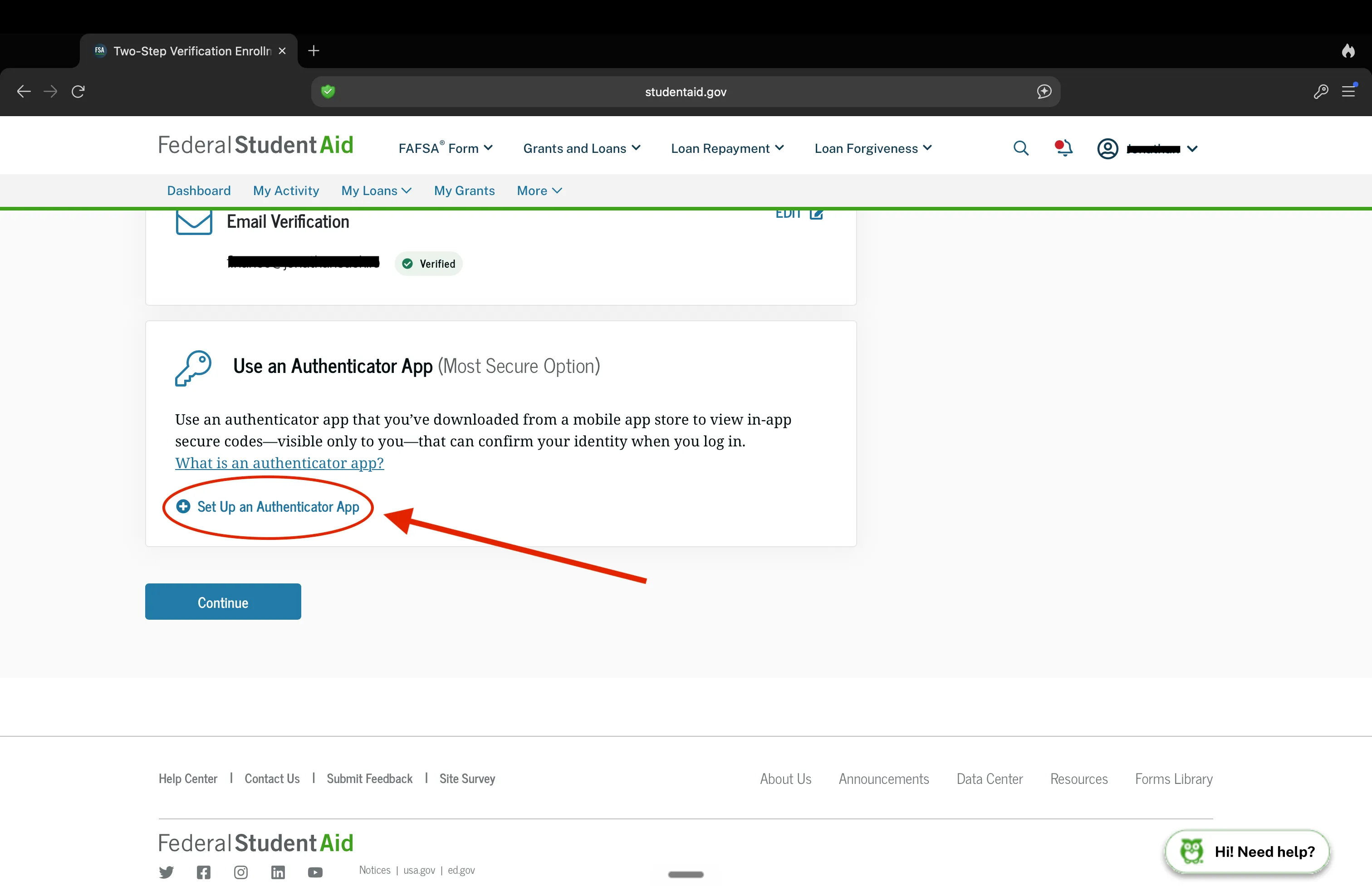 The 'Use an Authenticator App (Most Secure Option)' section on the enrollment page, with a red arrow pointing to the 'Set Up an Authenticator App' link