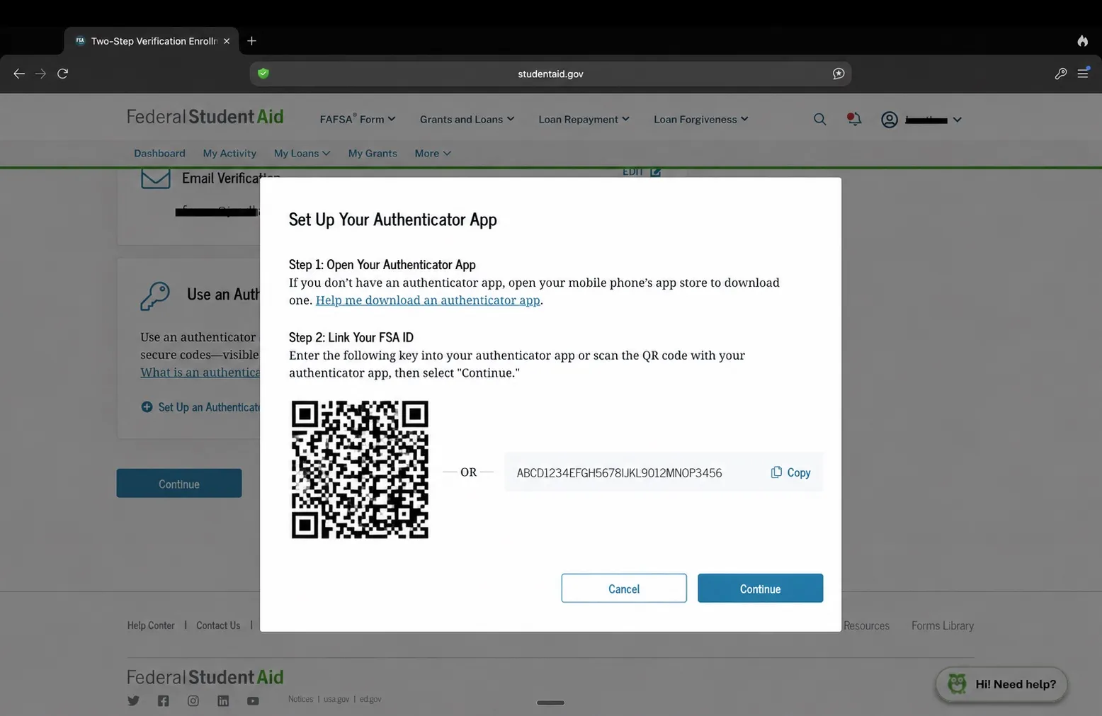 The 'Set Up Your Authenticator App' pop-up on studentaid.gov, showing a QR code on the left and a copyable setup key on the right