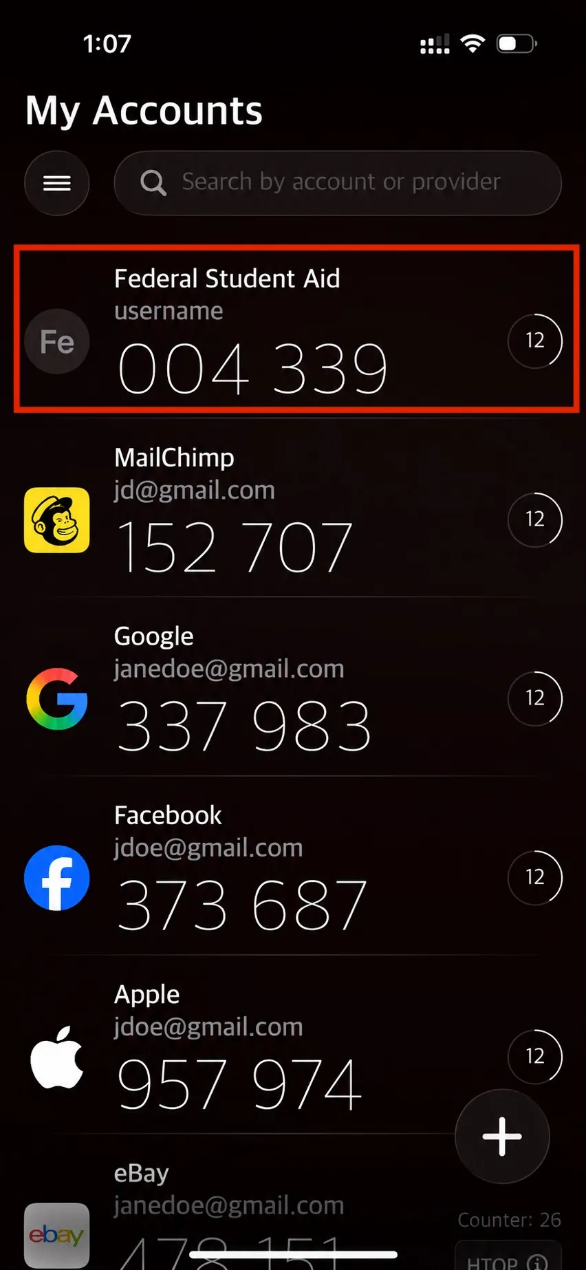 Authenticator app accounts list after scanning the QR code, with the new Federal Student Aid entry highlighted