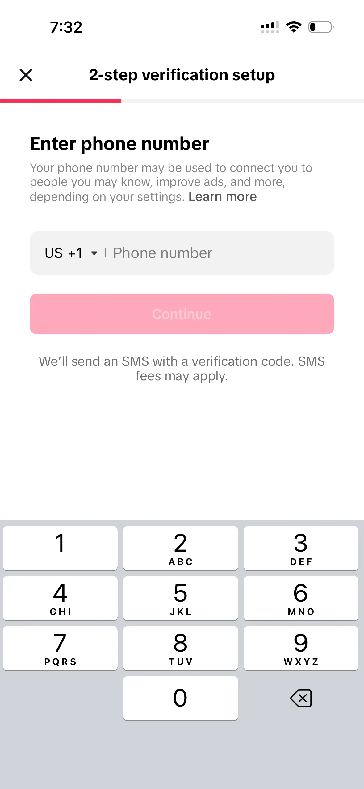 TikTok 2-step verification setup screen titled Enter phone number, with a US country code selector and a Continue button