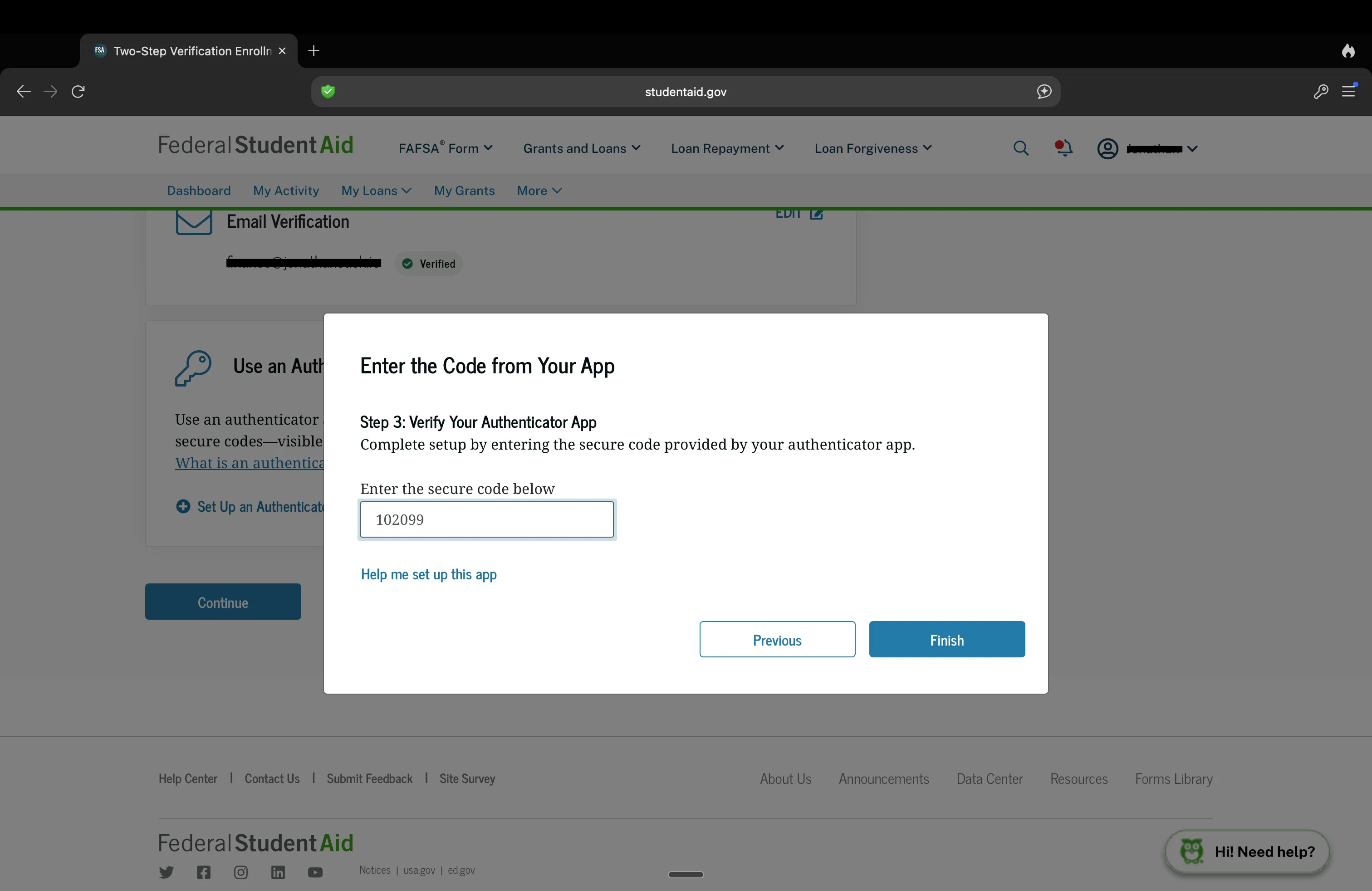 'Enter the Code from Your App' pop-up on studentaid.gov with a 6-digit code typed in the field and Previous / Finish buttons