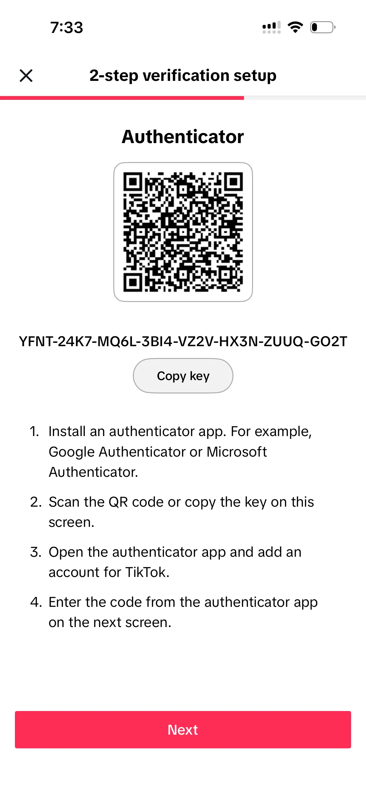 TikTok enrollment page — first screen of the two-step verification wizard