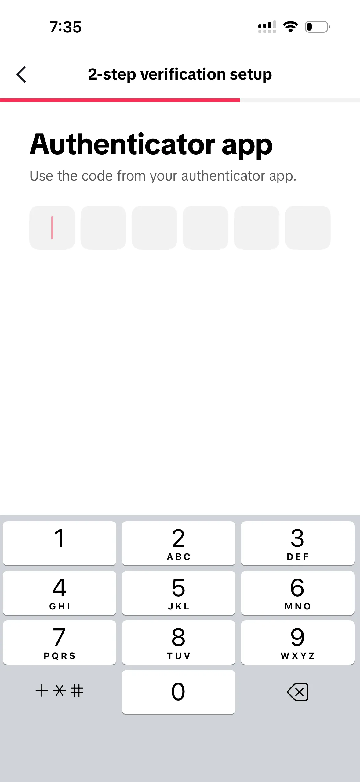 TikTok 2-step verification setup screen titled Authenticator app with the prompt 'Use the code from your authenticator app' and six empty boxes for code entry