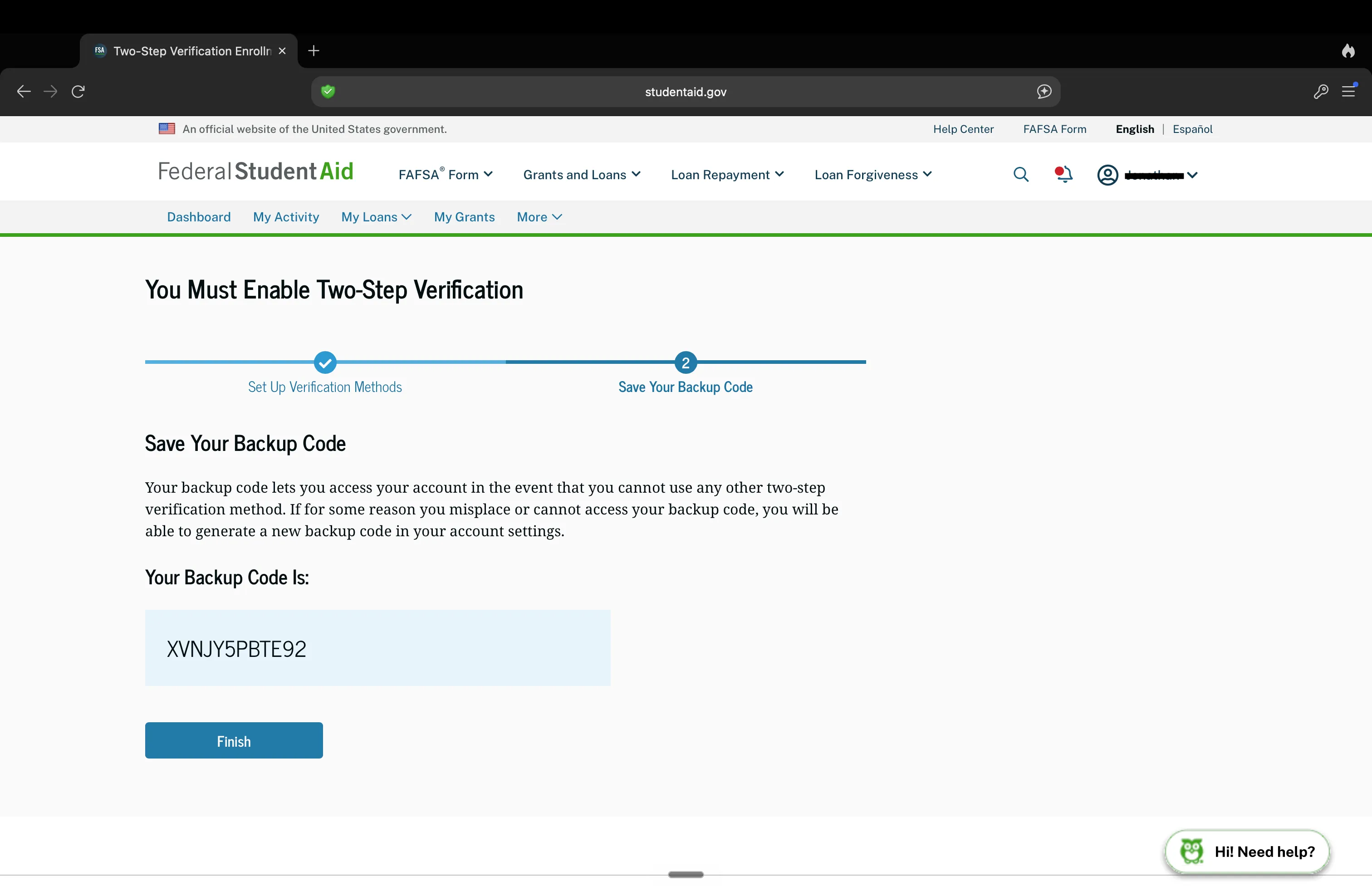 'Save Your Backup Code' step of the enrollment wizard, showing the backup code in a box and a Finish button