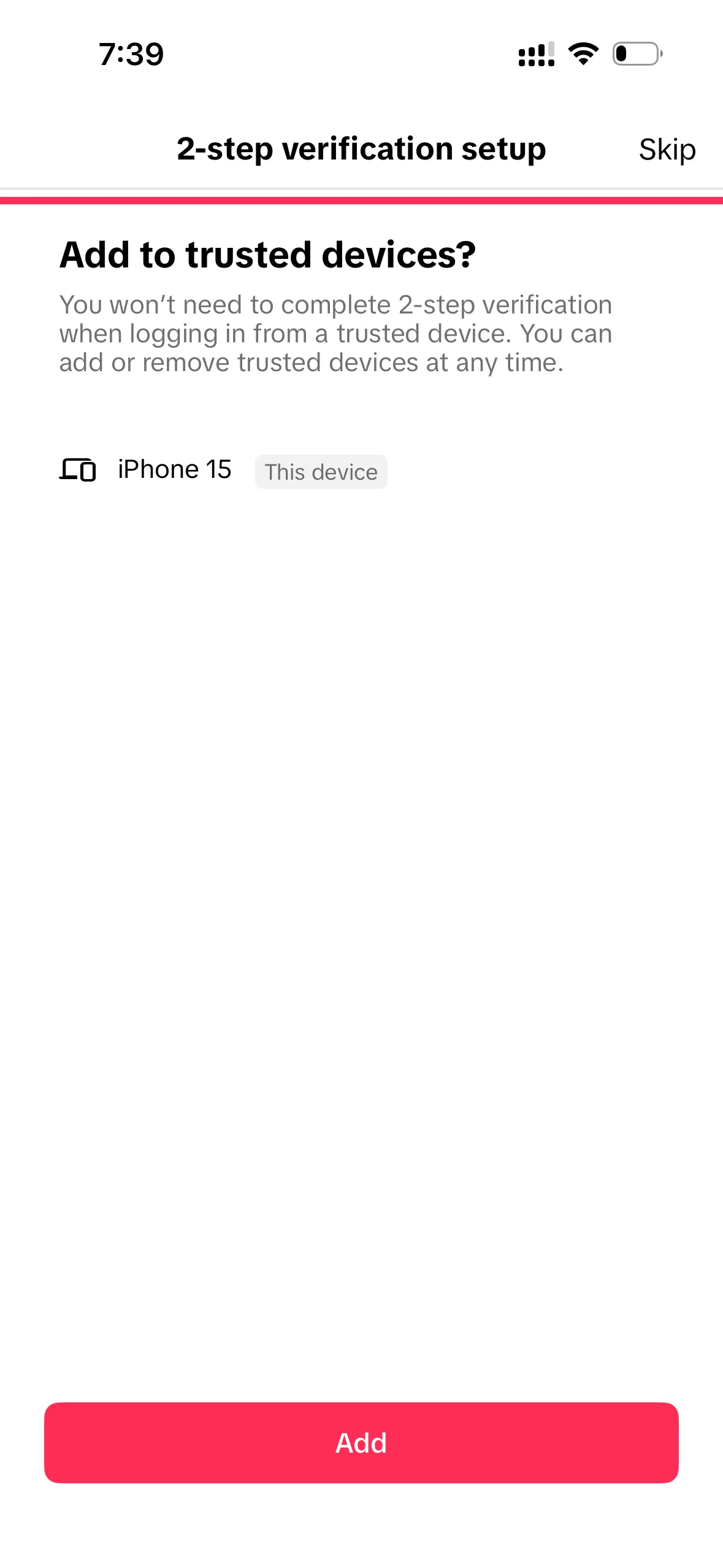 TikTok screen titled 'Add to trusted devices?' showing iPhone 15 listed as This device, with an Add button at the bottom and Skip in the top-right
